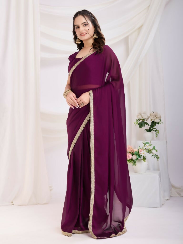 Purple Rangoli Silk Solid, Lace Border Ready To Wear Saree - Kashvi | Grocsy
