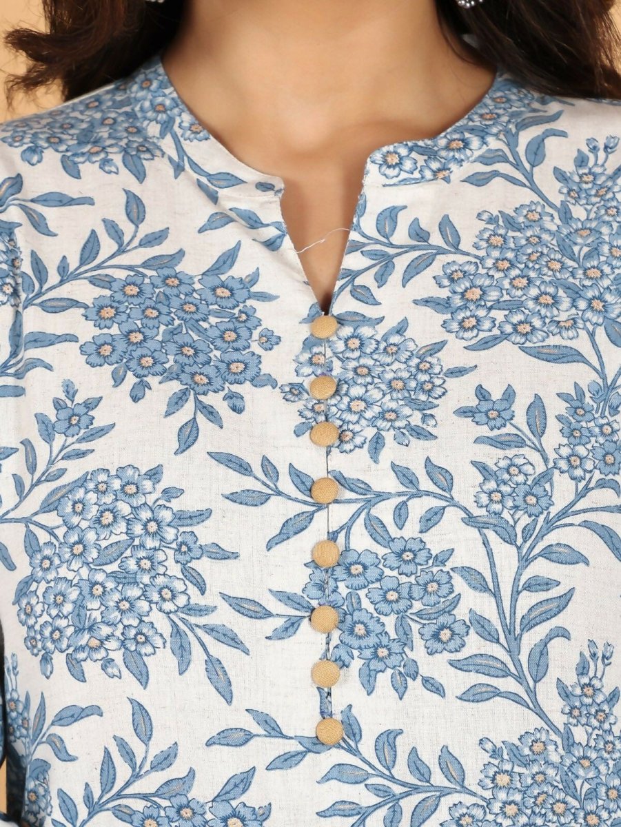 Aramya Blue Linen Cotton Floral Straight Kurta for Women | Grocsy