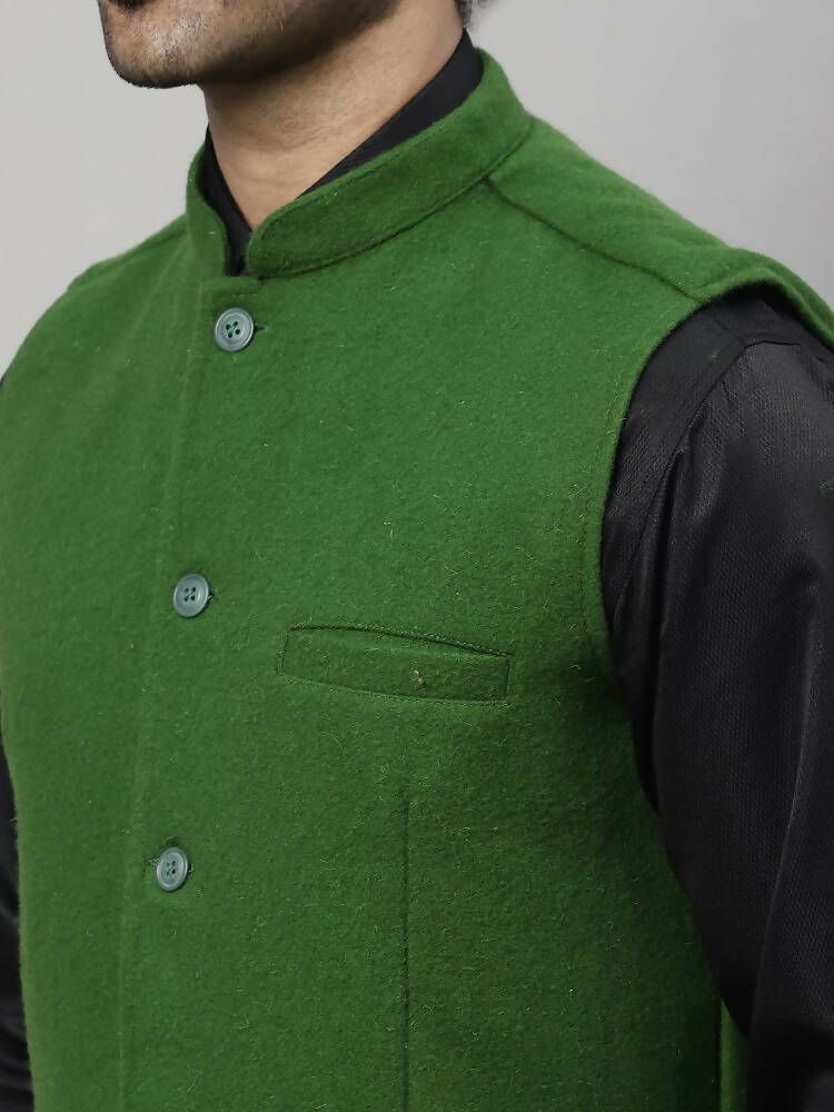 Even Apparels Pure Wool Nehru Jacket - Green | Grocsy