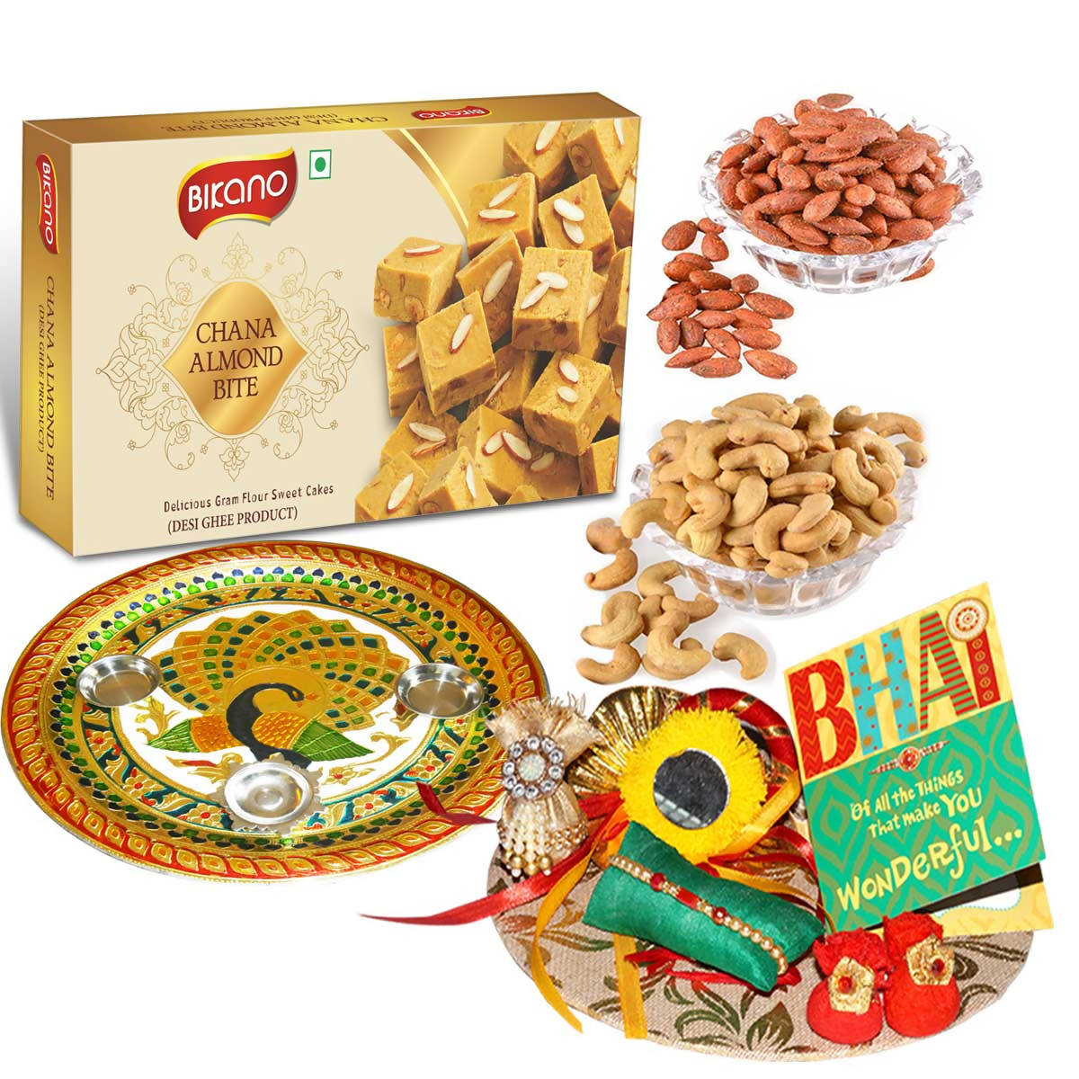 Bikano Chana Almond Bite and Dryfruits Rakhi Puja Thali Gift | Grocsy