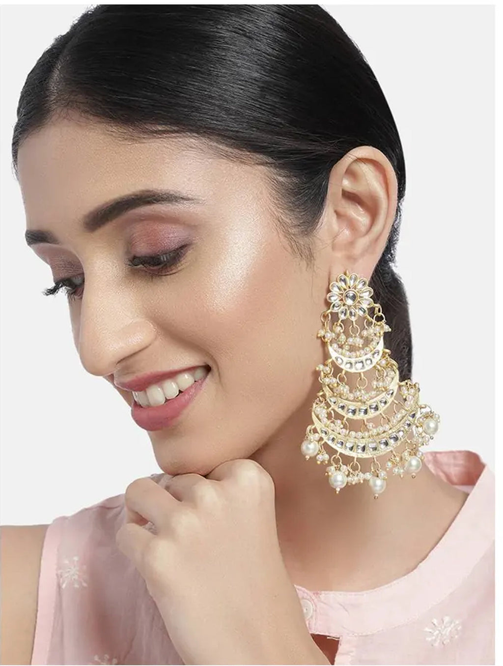 Jewel City Elegant Pearl Chandelier Earrings Traditional Gold-Plated Indian Wedding Jewelry | Grocsy