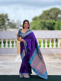 Vedant Vastram Soft Litchi Silk Paithani Jacquard Saree - Violet | Grocsy