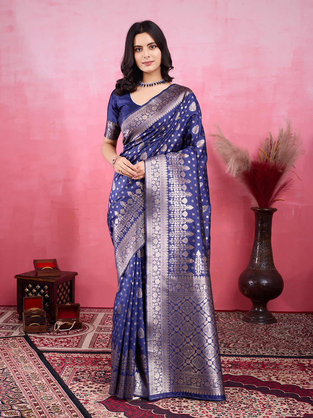 Vedant Vastram Banarasi Silk Fashion Saree - Navy | Grocsy