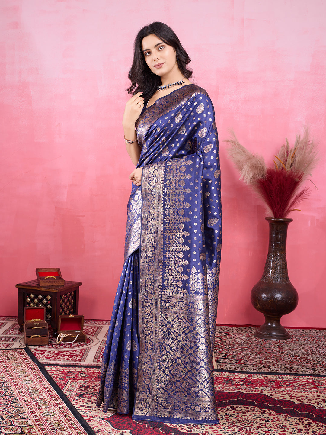 Vedant Vastram Banarasi Silk Fashion Saree - Navy | Grocsy