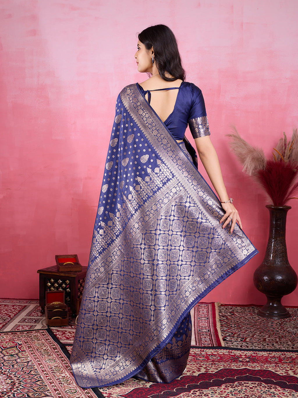 Vedant Vastram Banarasi Silk Fashion Saree - Navy | Grocsy