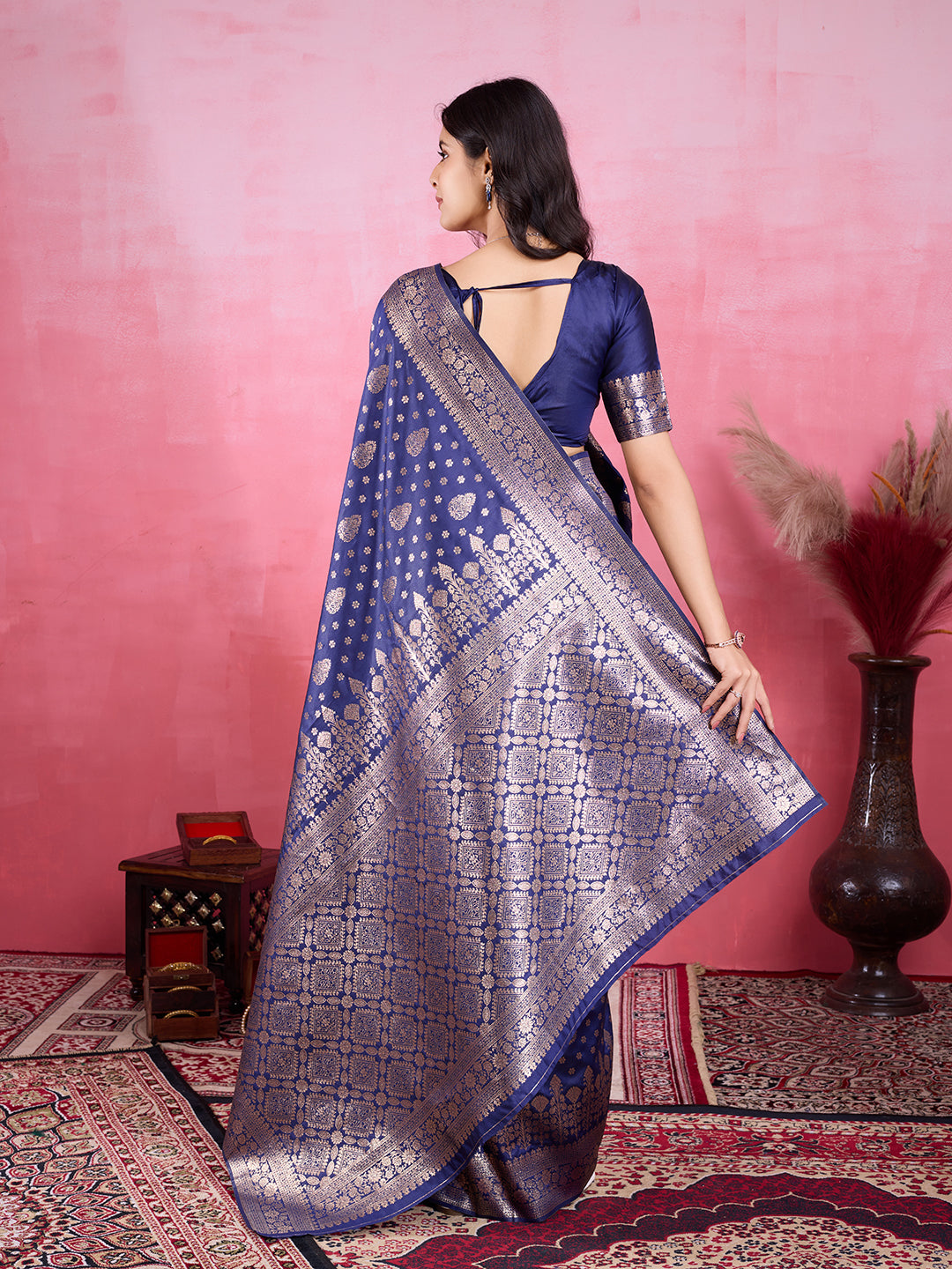 Vedant Vastram Banarasi Silk Fashion Saree - Navy | Grocsy