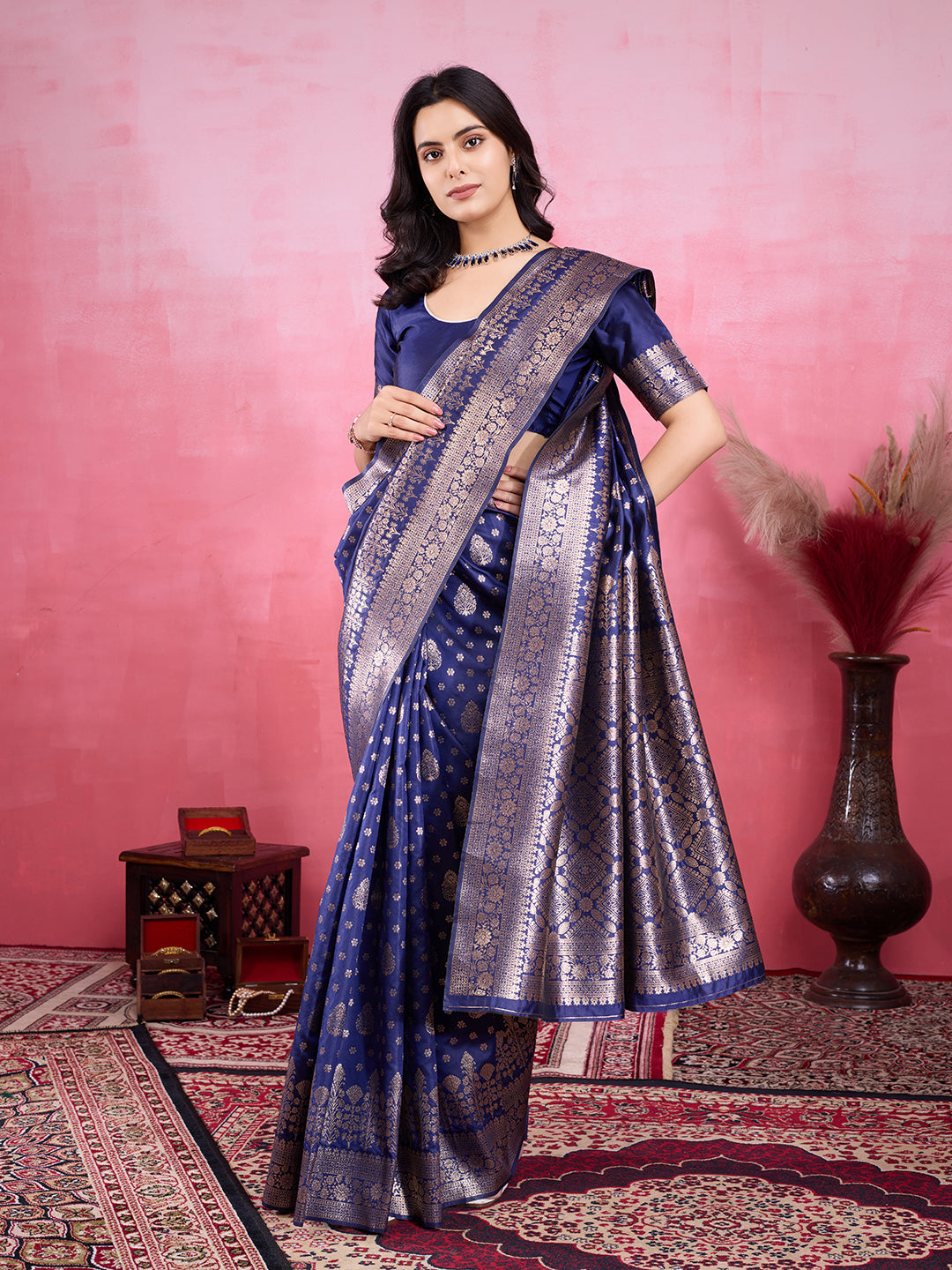 Vedant Vastram Banarasi Silk Fashion Saree - Navy | Grocsy