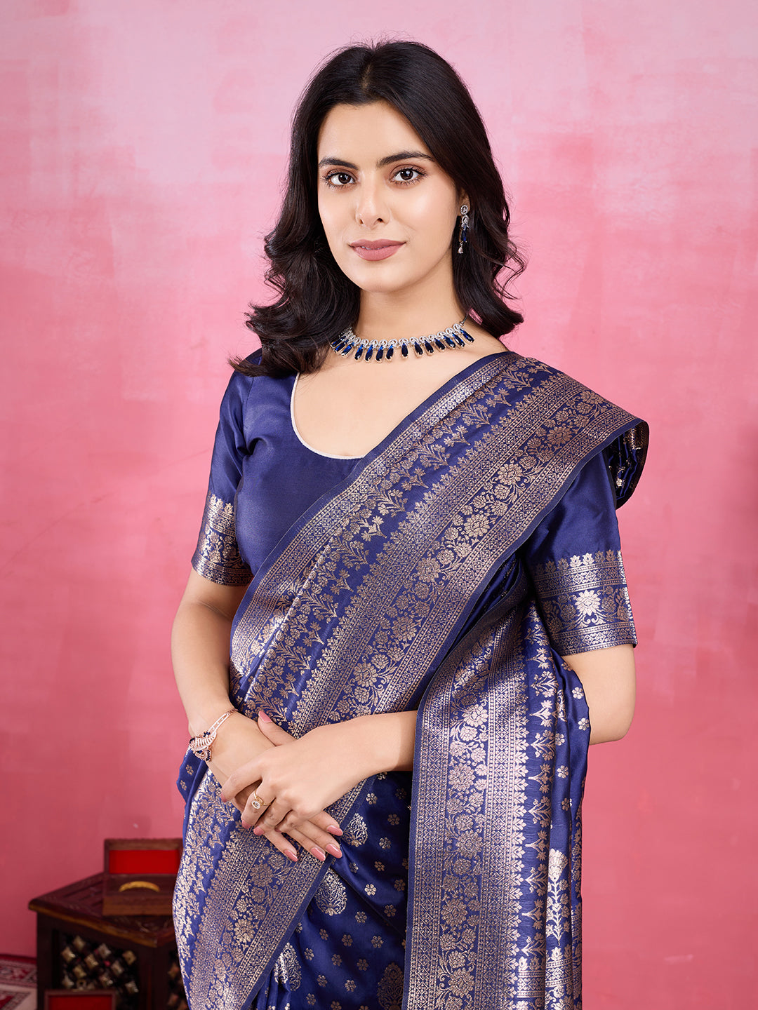 Vedant Vastram Banarasi Silk Fashion Saree - Navy | Grocsy