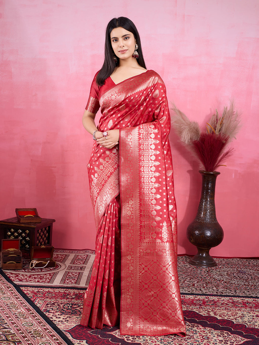 Vedant Vastram Banarasi Silk Fashion Saree - Red | Grocsy