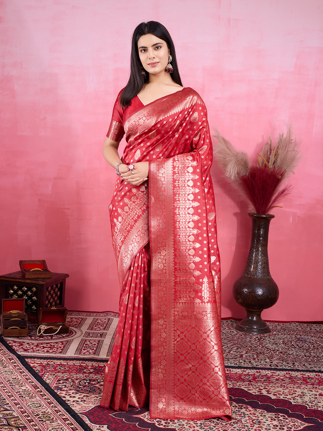 Vedant Vastram Banarasi Silk Fashion Saree - Red | Grocsy