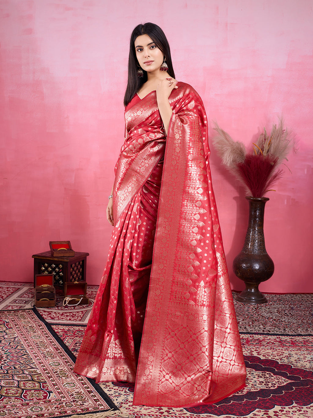 Vedant Vastram Banarasi Silk Fashion Saree - Red | Grocsy