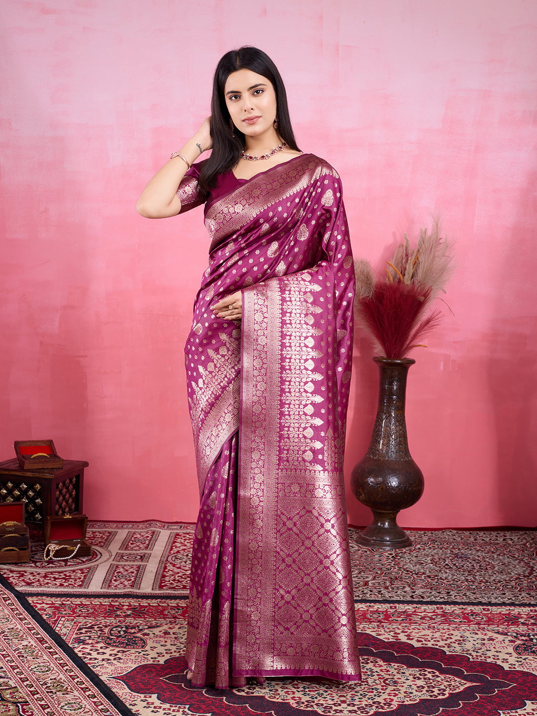 Vedant Vastram Banarasi Silk Fashion Saree - Wine | Grocsy