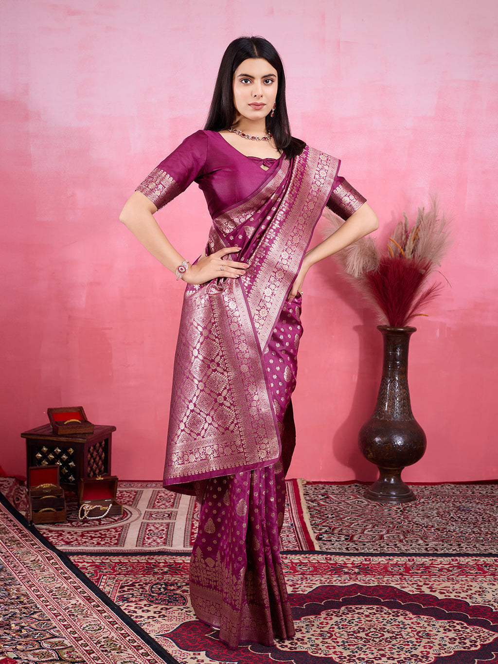 Vedant Vastram Banarasi Silk Fashion Saree - Wine | Grocsy