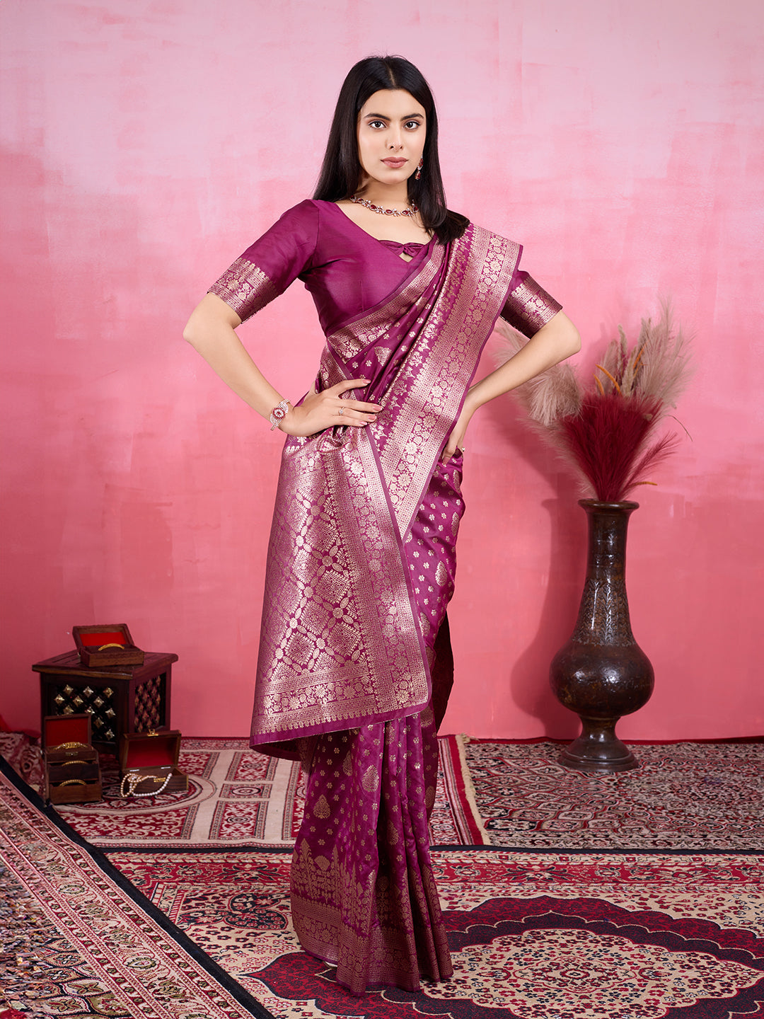 Vedant Vastram Banarasi Silk Fashion Saree - Wine | Grocsy