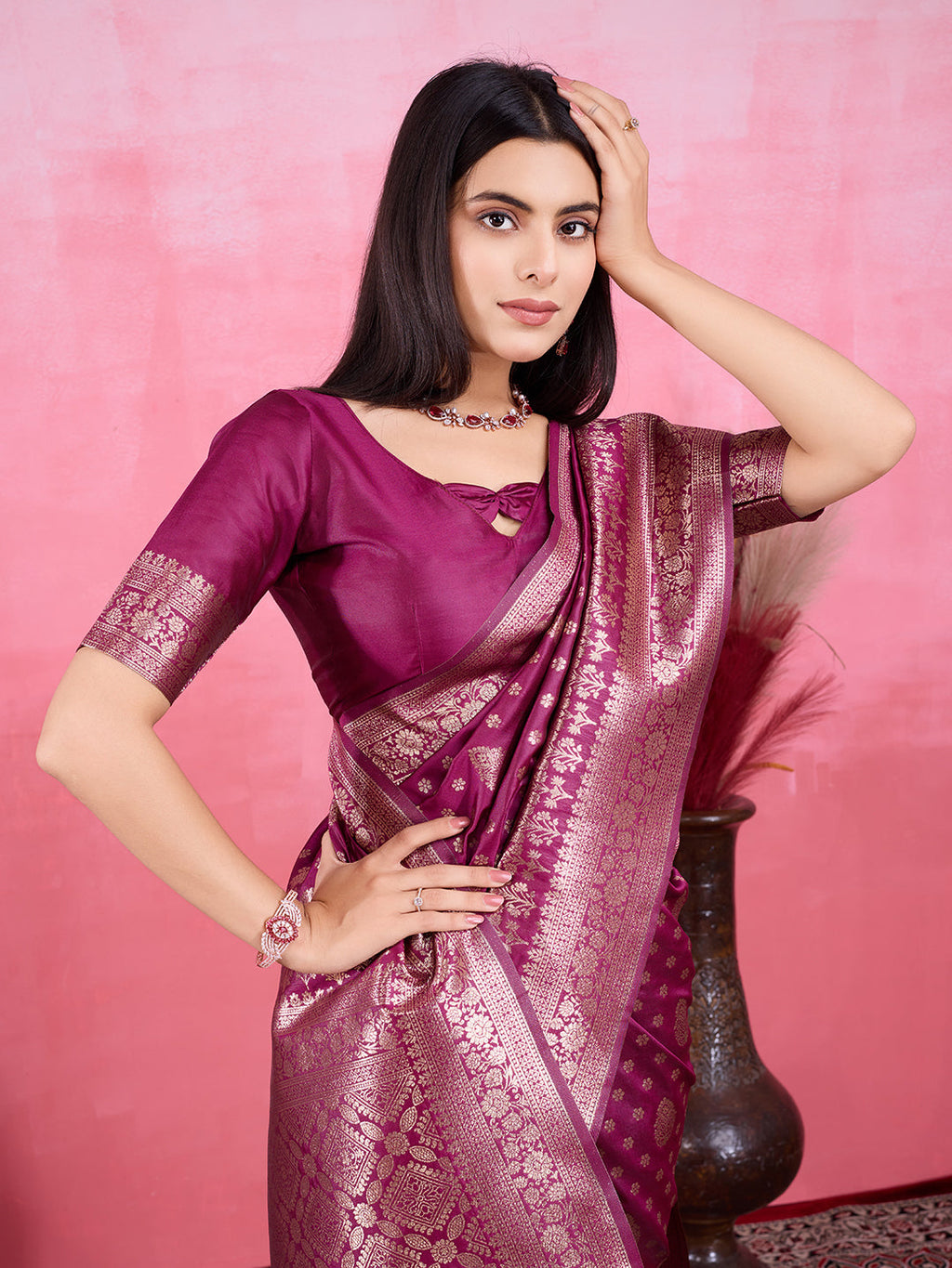 Vedant Vastram Banarasi Silk Fashion Saree - Wine | Grocsy