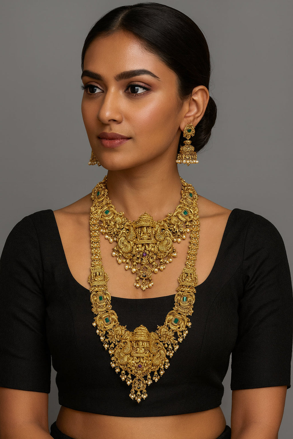 Jewel City Grand South Indian Temple Bridal Necklace Set for Women – Antique Gold-Plated Lakshmi Haram with Choker & Jhumka | Grocsy