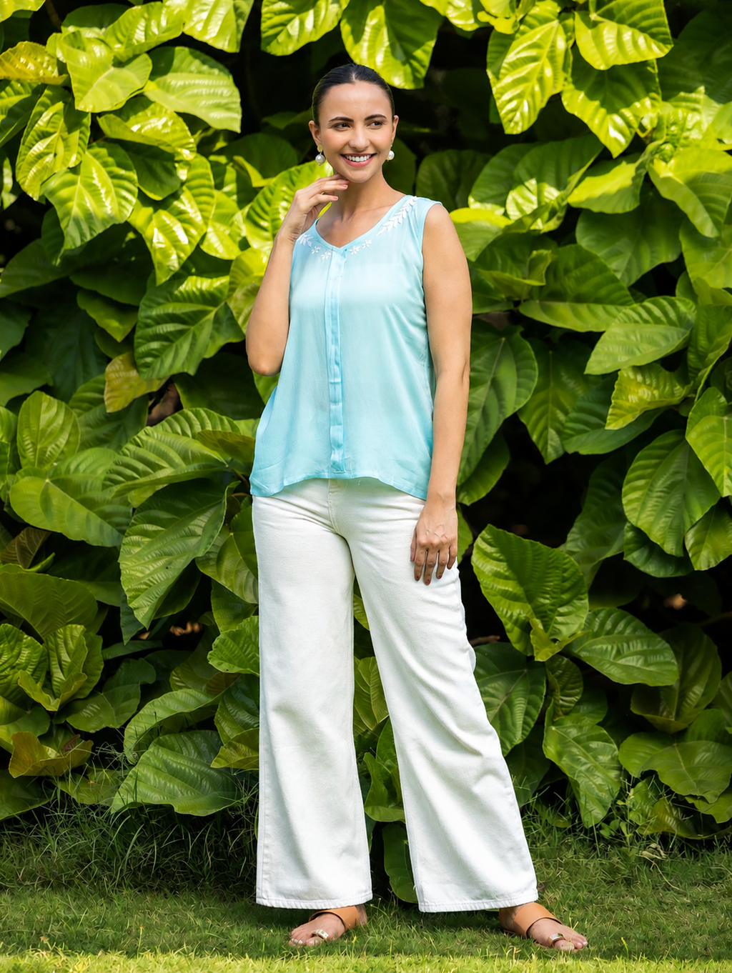Gharana India Modal Sleeveless Light Blue Chikankari Top | Grocsy