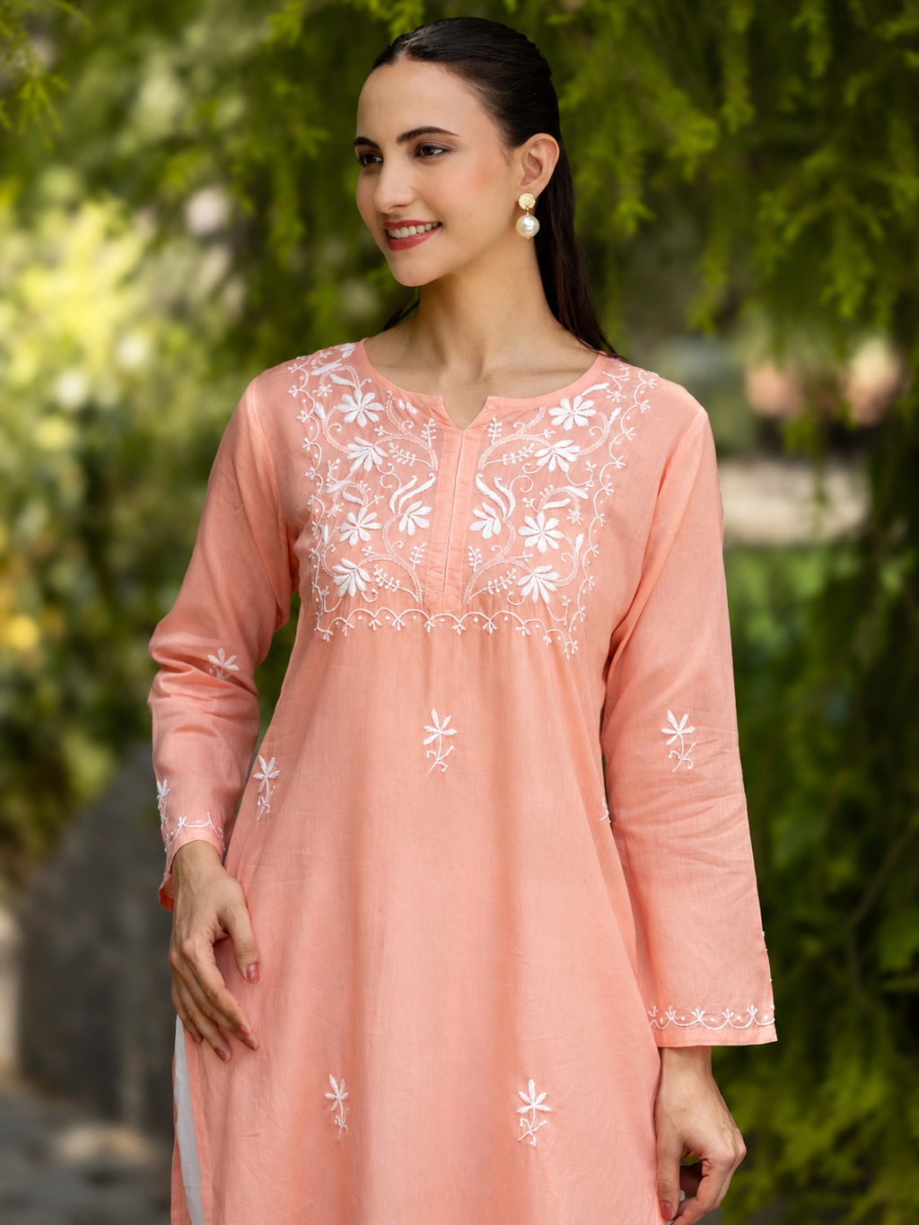 Gharana India Saheba Chikankari Peach Pink Pure Cotton Kurta With Very Fine Embroidery Work | Grocsy