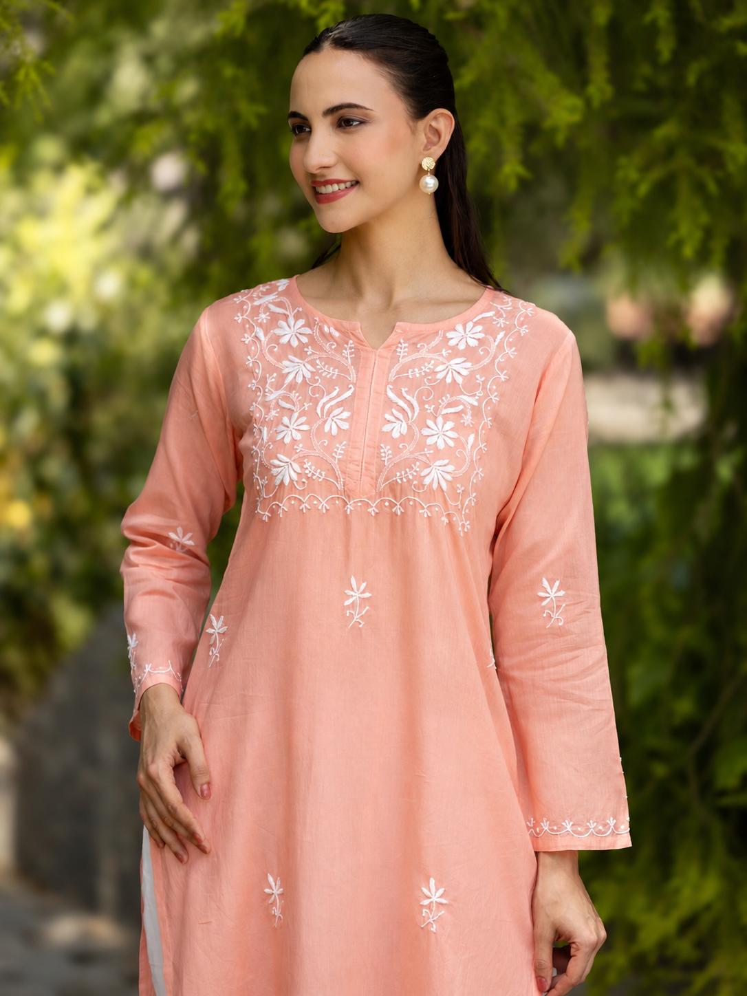 Gharana India Saheba Chikankari Peach Pink Pure Cotton Kurta With Very Fine Embroidery Work | Grocsy