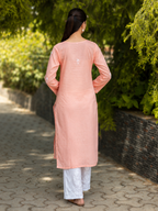 Gharana India Saheba Chikankari Peach Pink Pure Cotton Kurta With Very Fine Embroidery Work | Grocsy