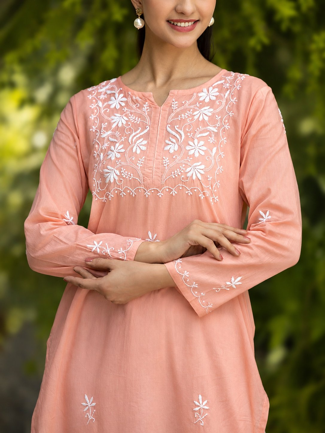 Gharana India Saheba Chikankari Peach Pink Pure Cotton Kurta With Very Fine Embroidery Work | Grocsy