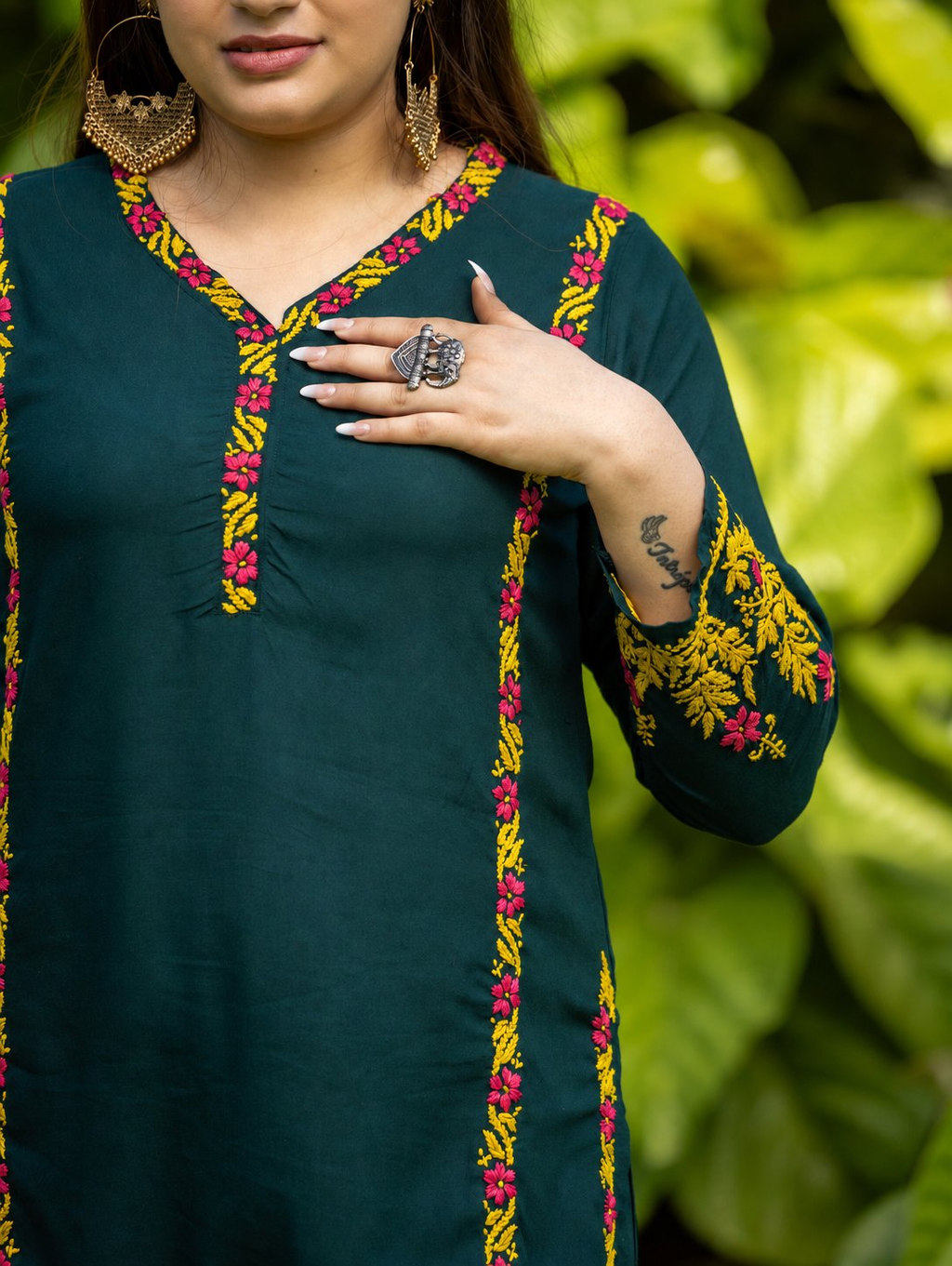 Gharana India Rayon Bottle Green Chikankari Co Ord Set With Coloured Thread | Grocsy