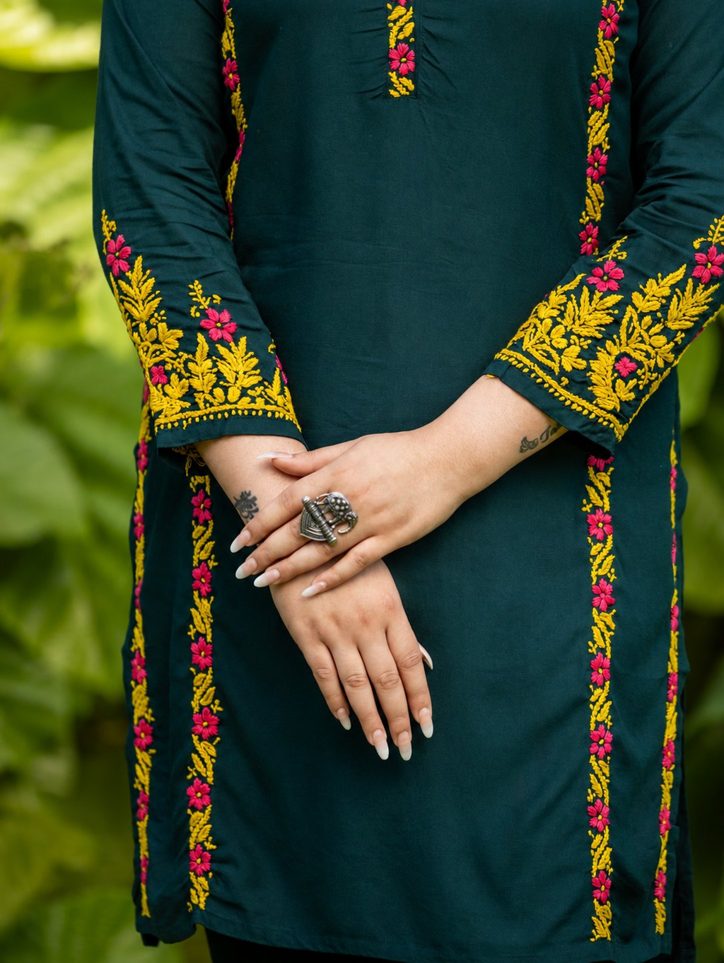 Gharana India Rayon Bottle Green Chikankari Co Ord Set With Coloured Thread | Grocsy