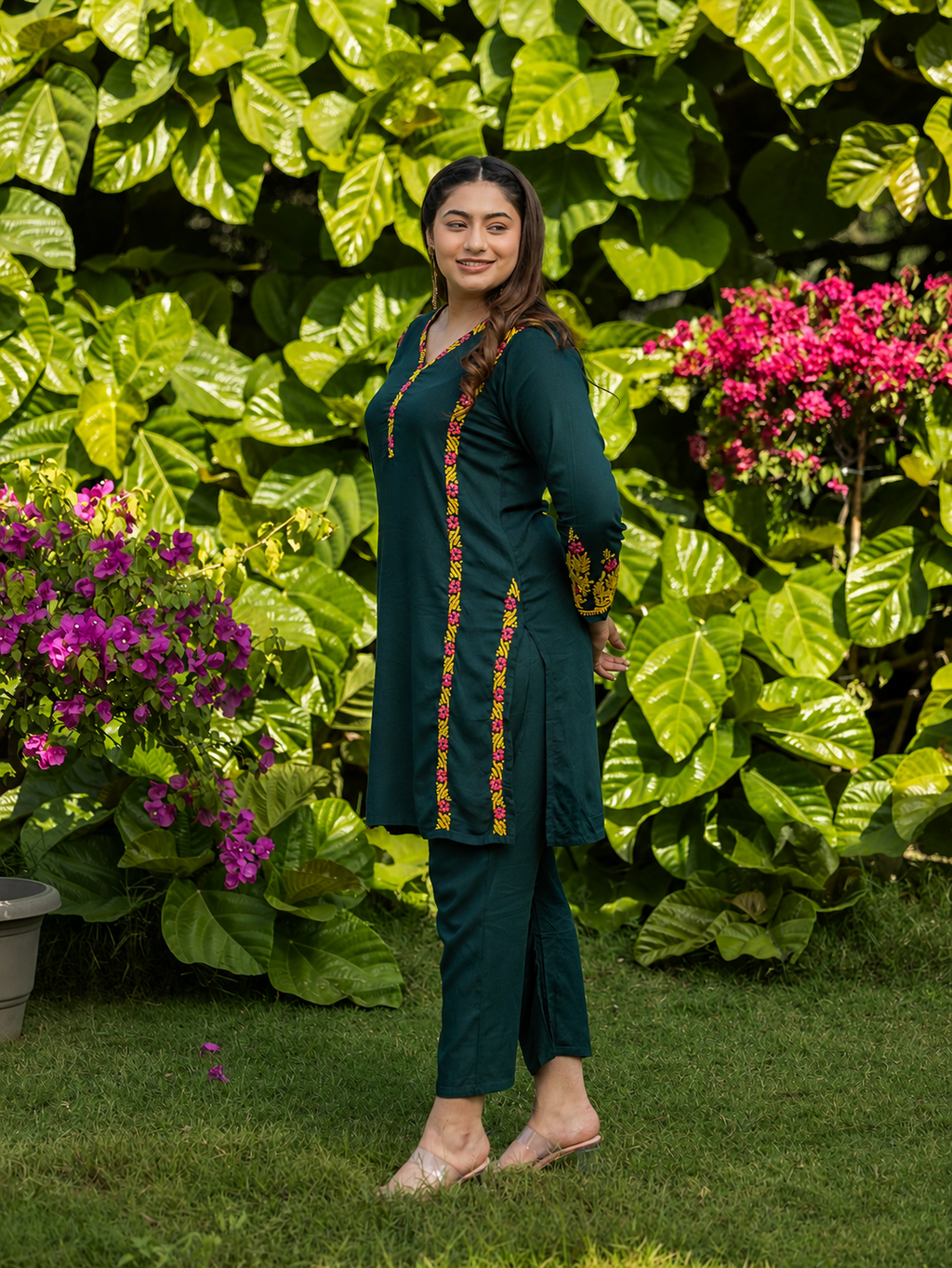 Gharana India Rayon Bottle Green Chikankari Co Ord Set With Coloured Thread | Grocsy