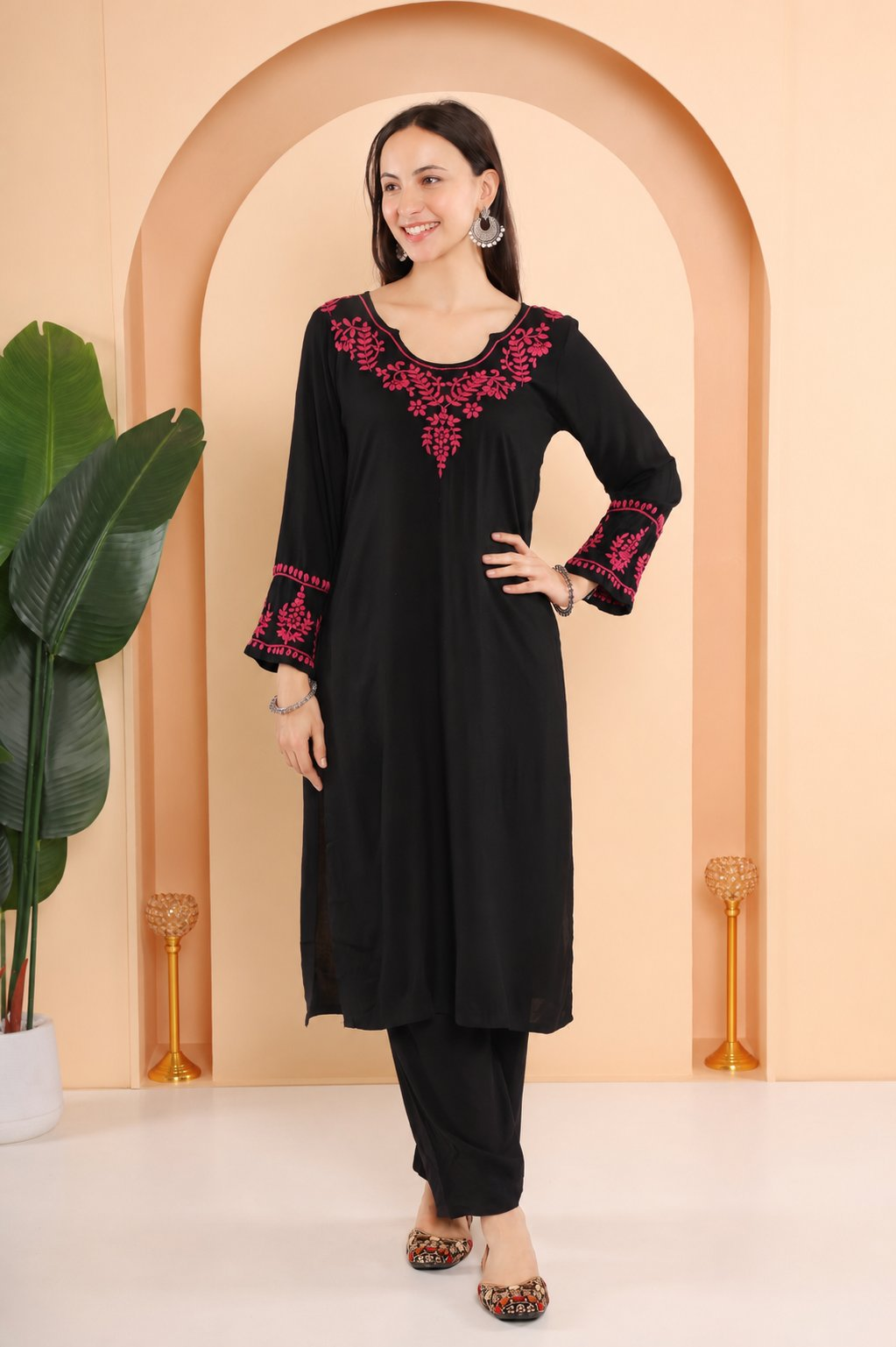 Gharana India Modal Black Chikankari Kurta Coord Set With Pink Coloured Thread Embroidery | Grocsy
