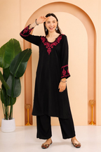 Gharana India Modal Black Chikankari Kurta Coord Set With Pink Coloured Thread Embroidery | Grocsy