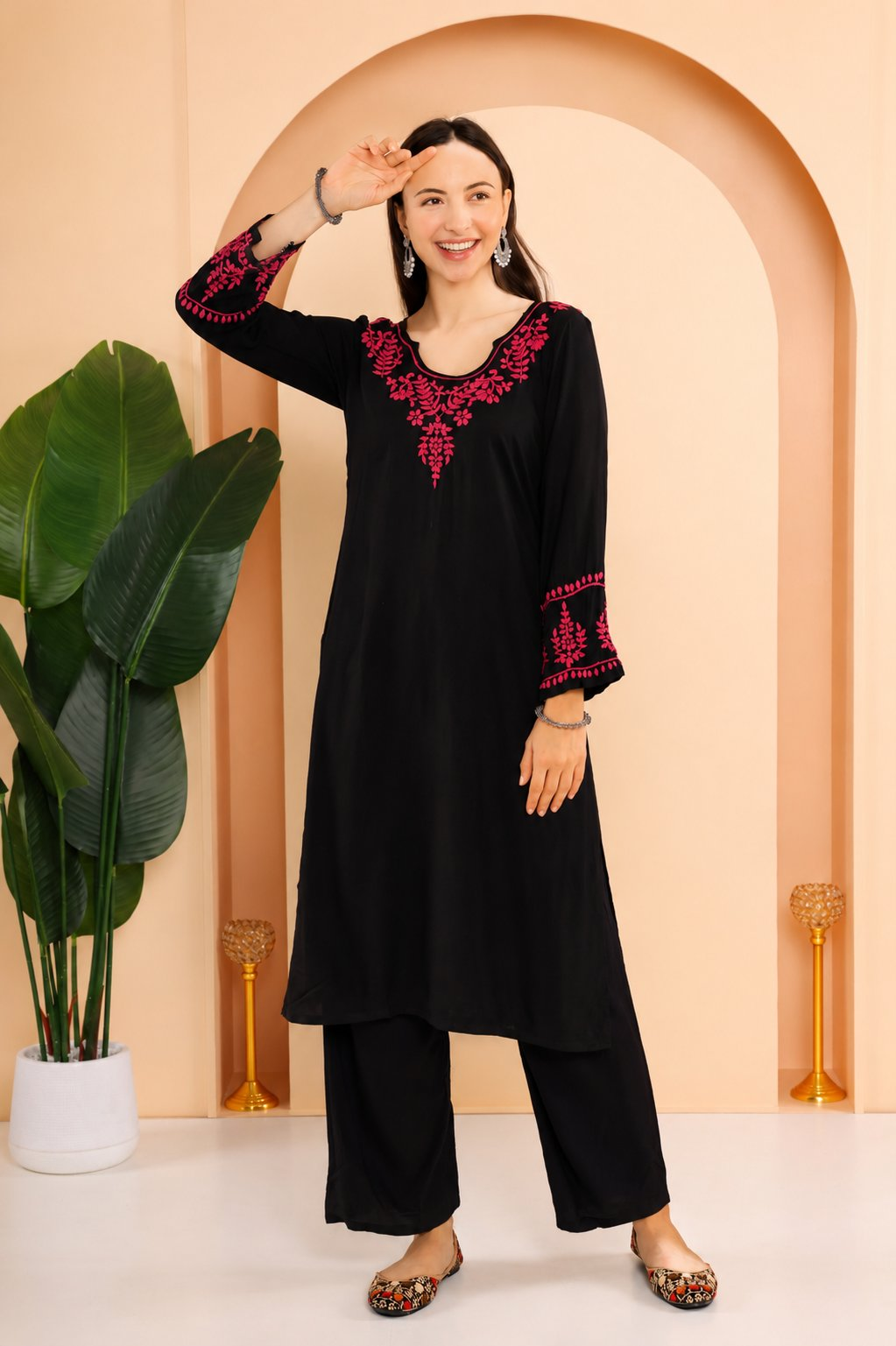 Gharana India Modal Black Chikankari Kurta Coord Set With Pink Coloured Thread Embroidery | Grocsy