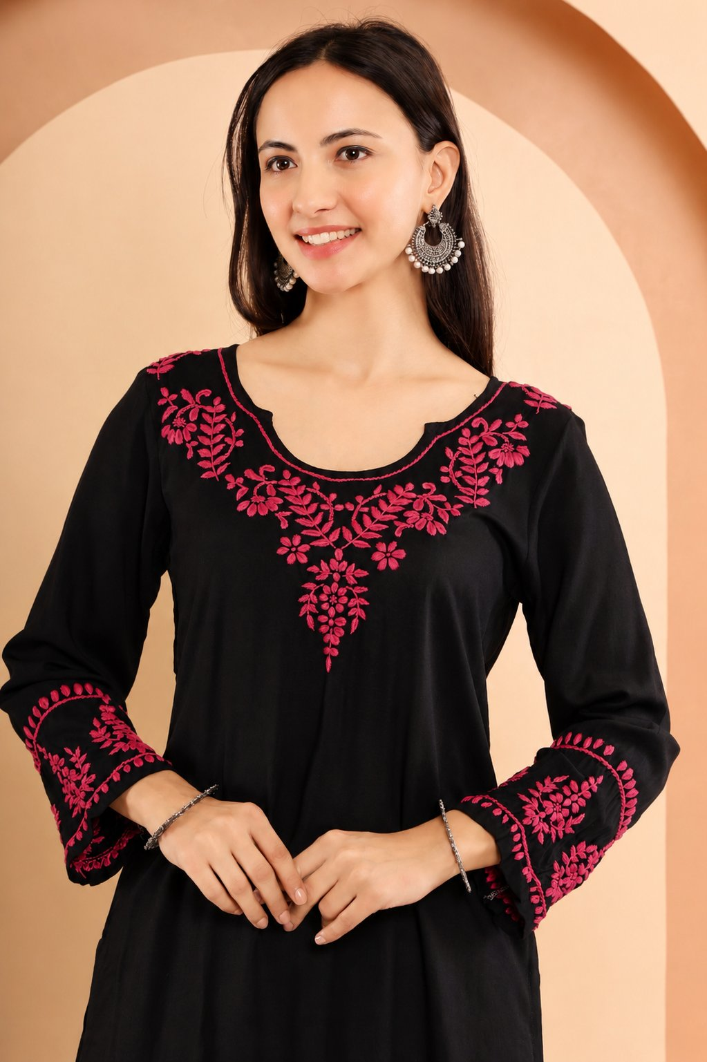 Gharana India Modal Black Chikankari Kurta Coord Set With Pink Coloured Thread Embroidery | Grocsy