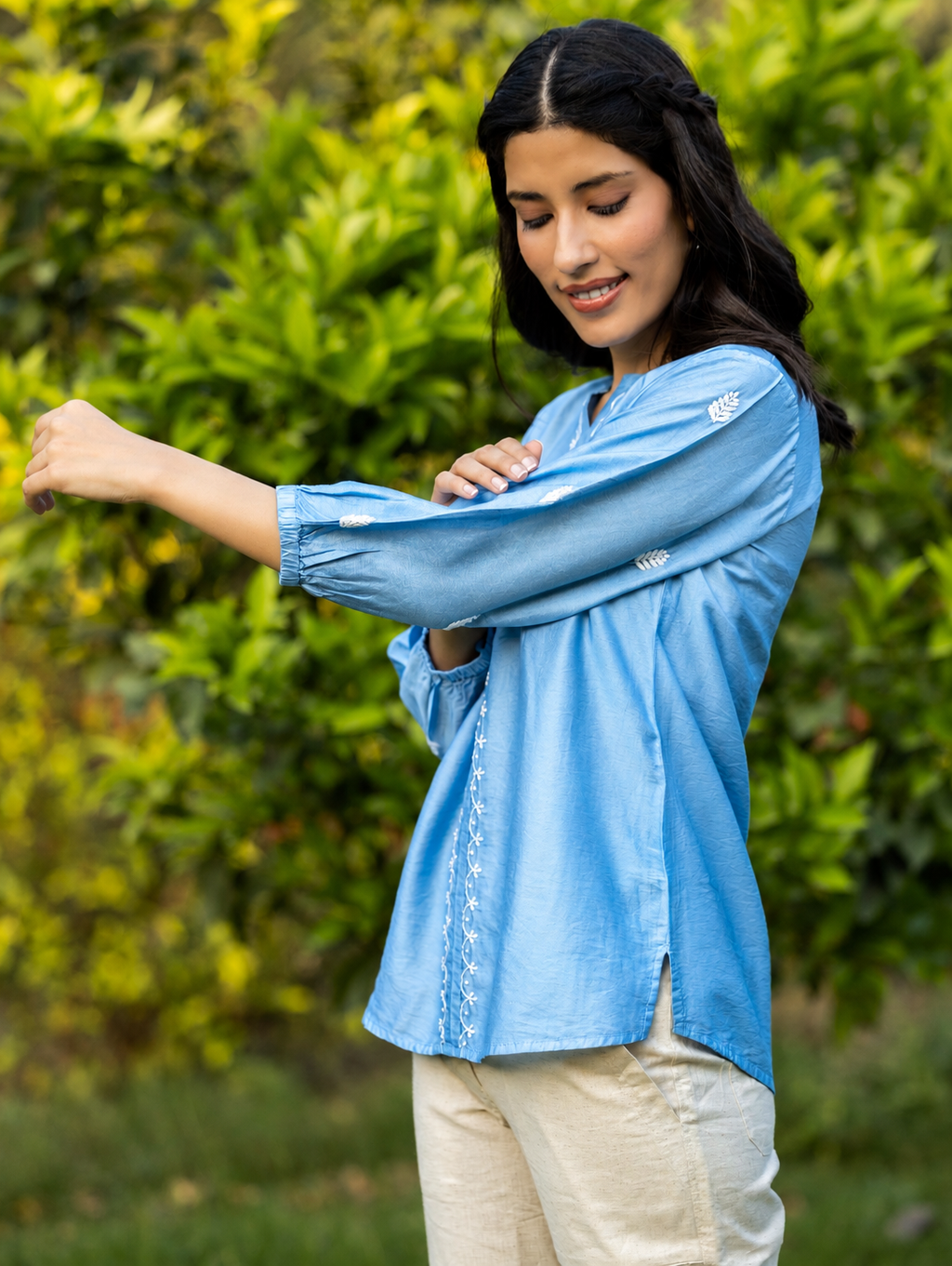 Gharana India Saheba Chikankari Bright Blue Top | Grocsy