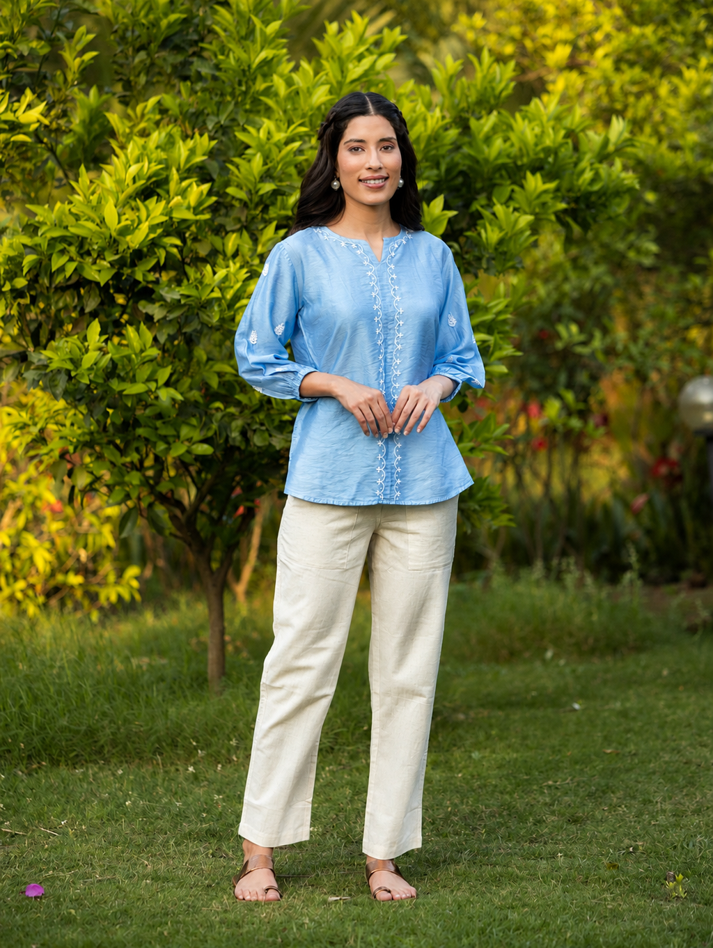 Gharana India Saheba Chikankari Bright Blue Top | Grocsy