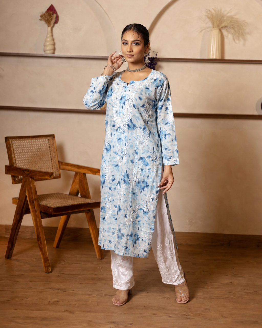 Gharana India Mul Cotton Kurta Floral Printed Blue | Grocsy