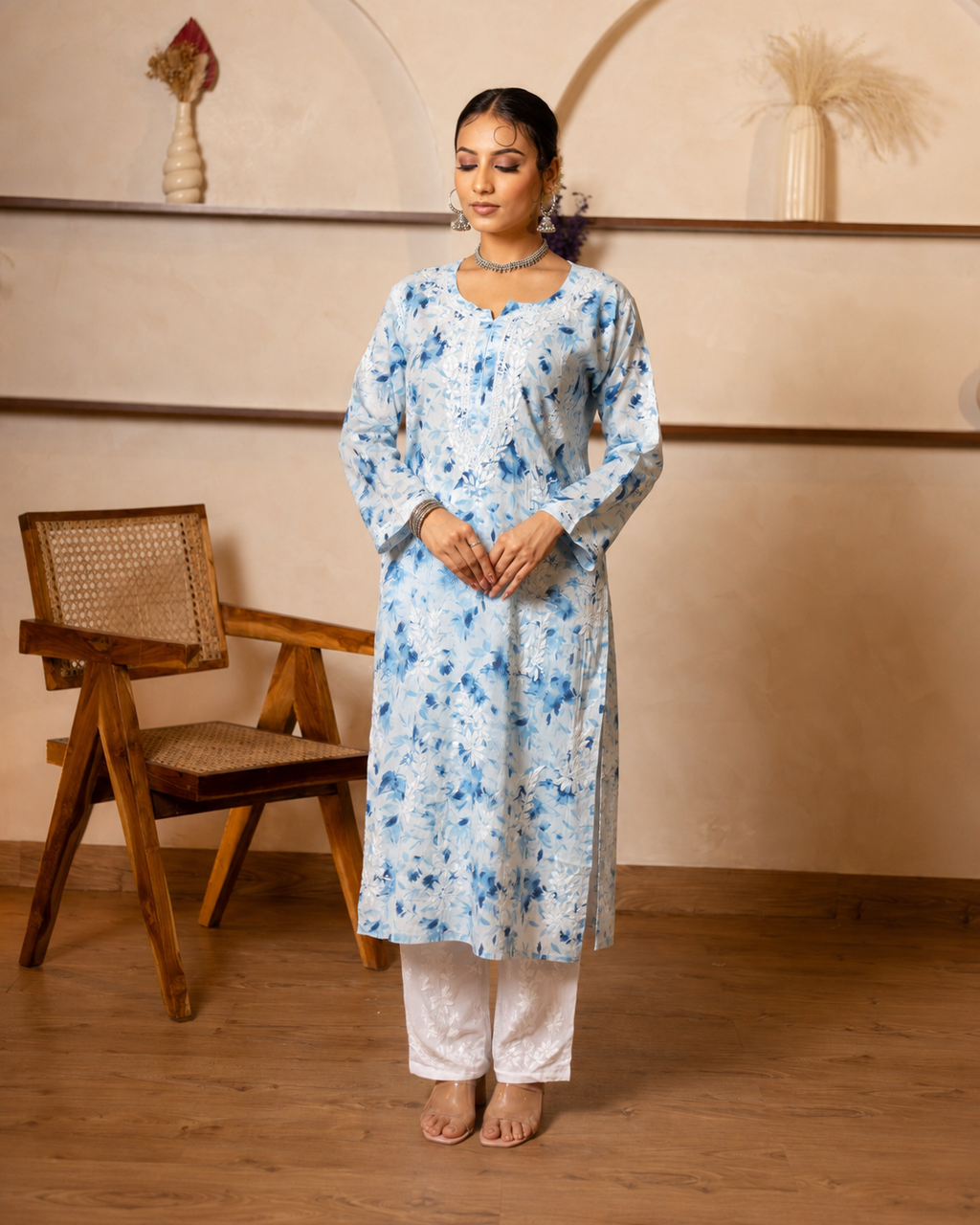 Gharana India Mul Cotton Kurta Floral Printed Blue | Grocsy