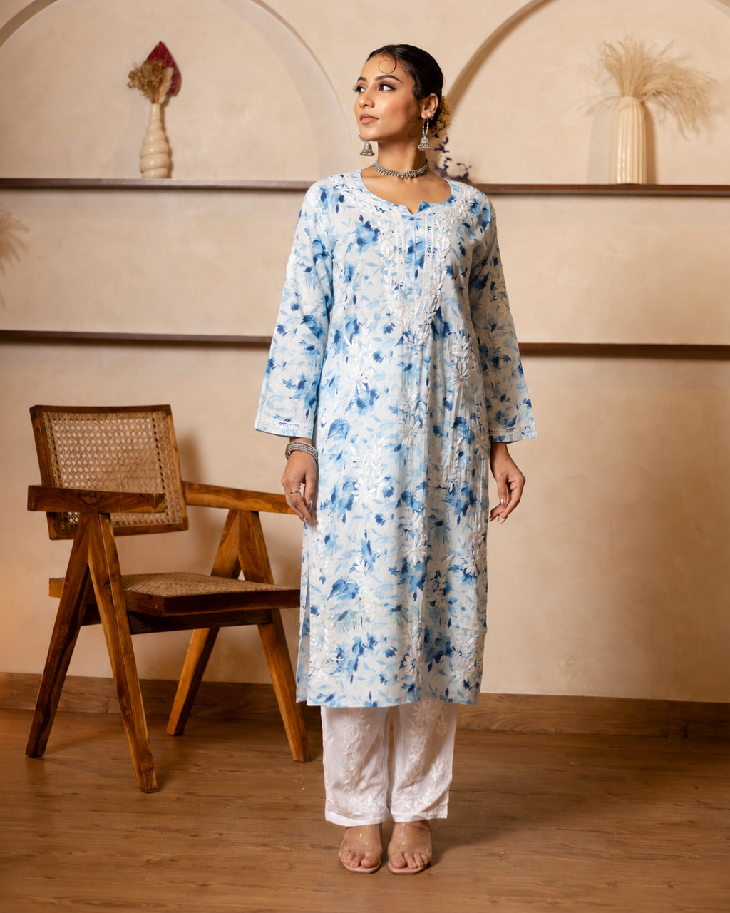 Gharana India Mul Cotton Kurta Floral Printed Blue | Grocsy