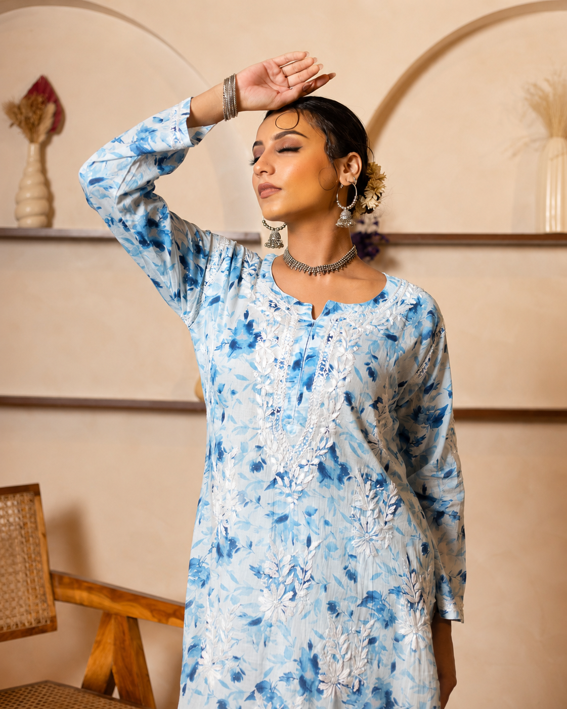 Gharana India Mul Cotton Kurta Floral Printed Blue | Grocsy