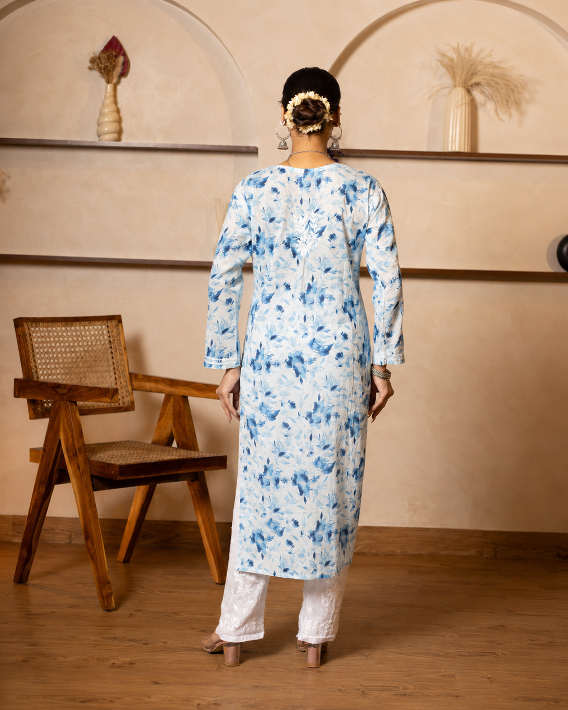 Gharana India Mul Cotton Kurta Floral Printed Blue | Grocsy