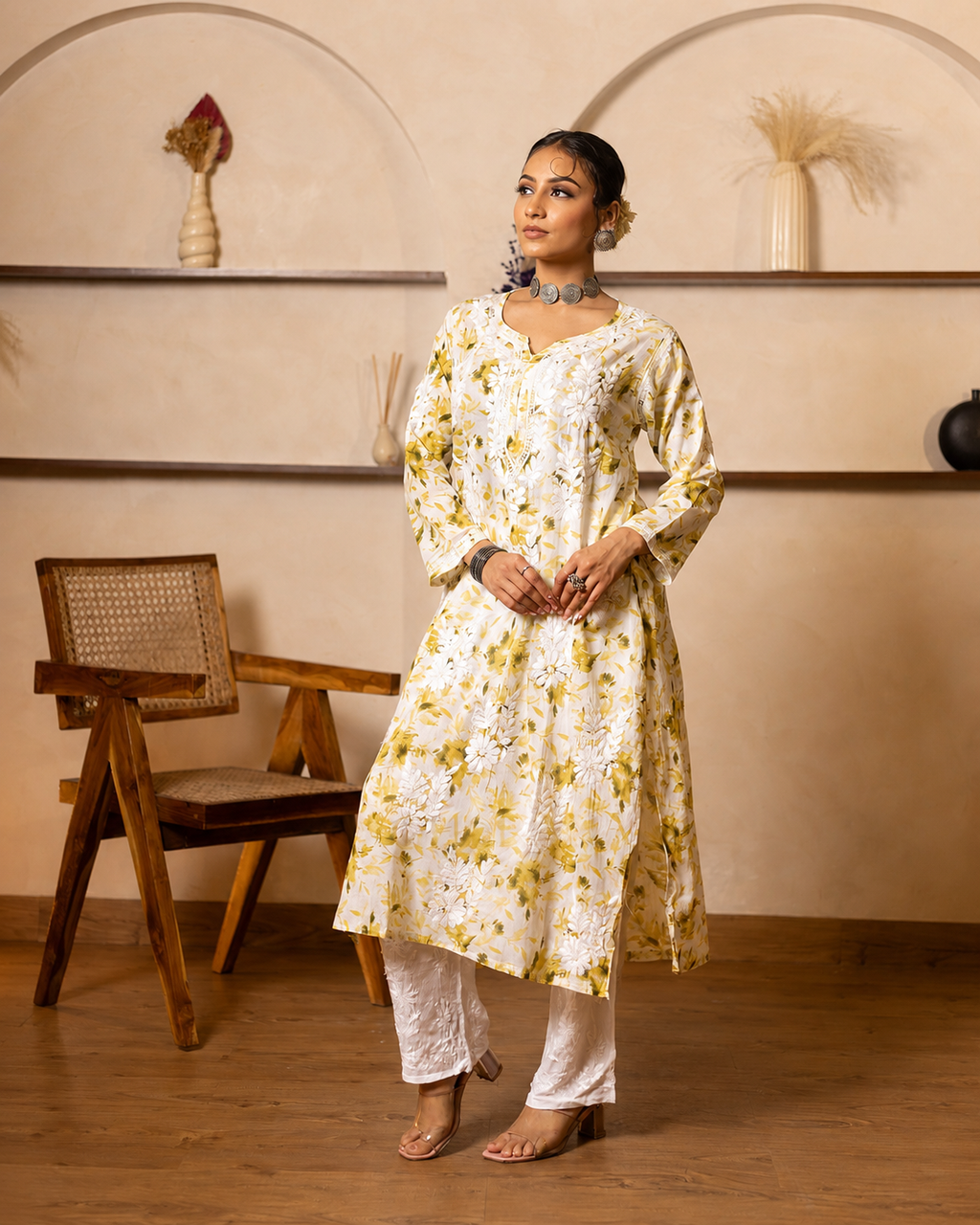 Gharana India Mulcotton Printed Green Chikankari Kurta | Grocsy