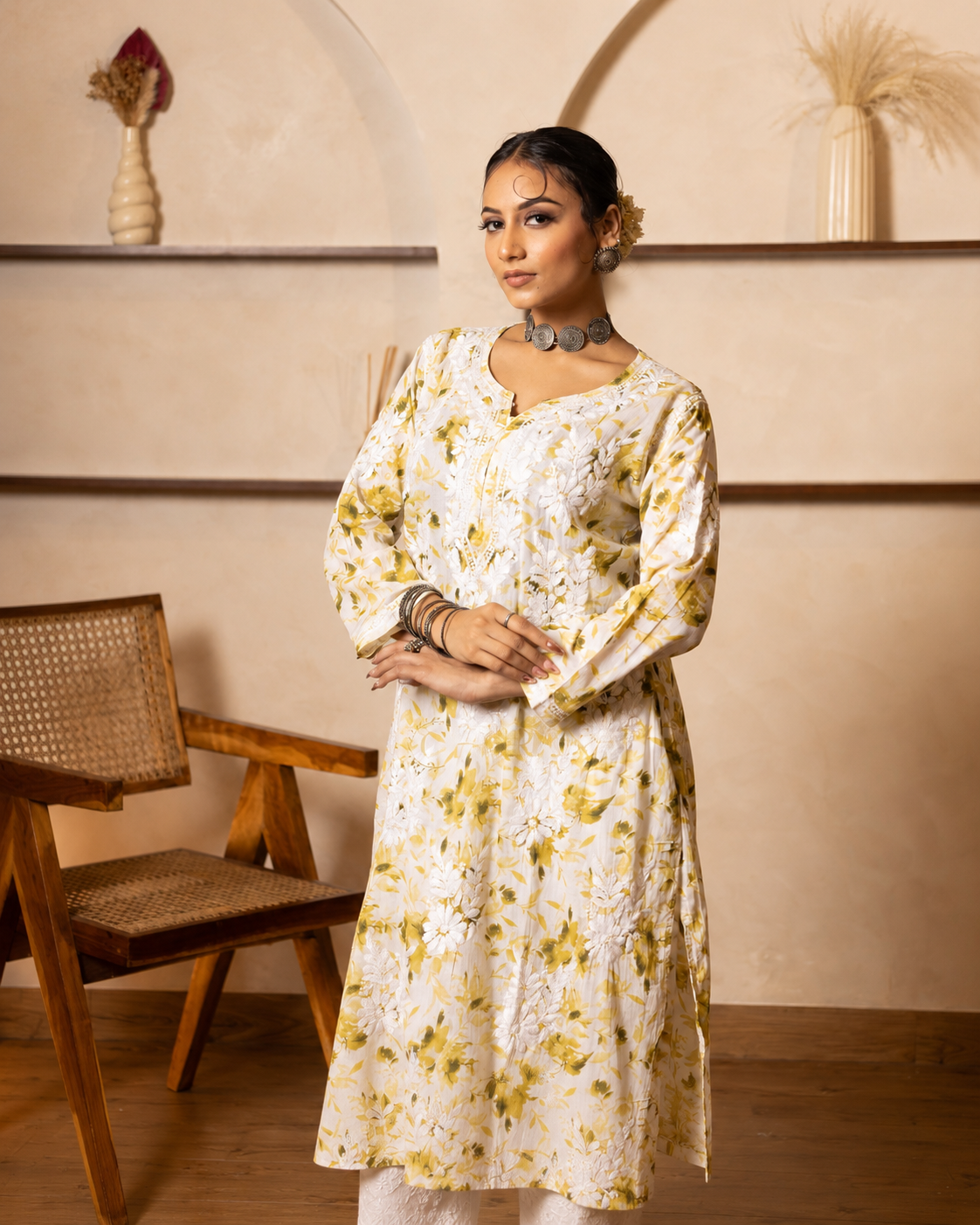 Gharana India Mulcotton Printed Green Chikankari Kurta | Grocsy