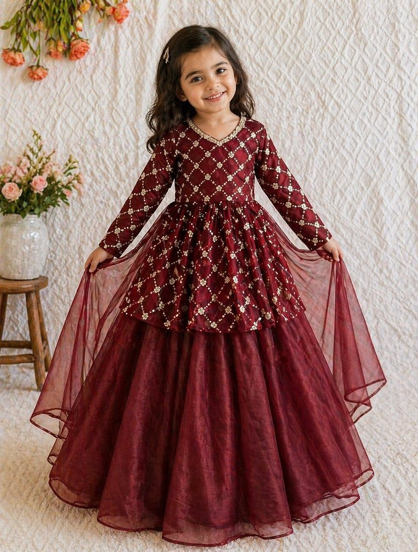 Evanik Maroon Embroidered Work Kids Twill Net Lehenga Choli Set | Grocsy