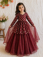 Evanik Maroon Embroidered Work Kids Twill Net Lehenga Choli Set | Grocsy
