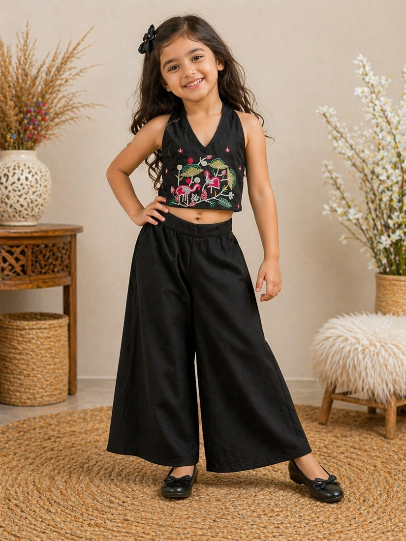 Evanik Black Premium Pure Cotton Fabric With Hand Work Kids Co-Ord Set | Grocsy