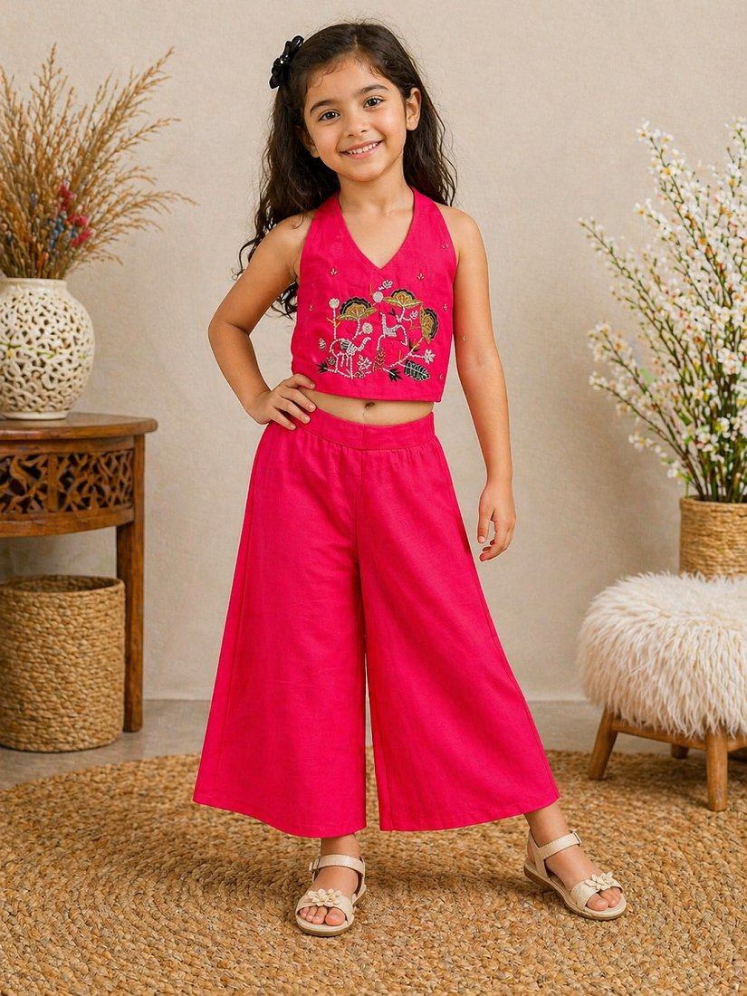 Evanik Pink Premium Pure Cotton Fabric With Hand Work Kids Co-Ord Set | Grocsy
