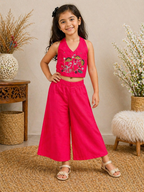 Evanik Pink Premium Pure Cotton Fabric With Hand Work Kids Co-Ord Set | Grocsy