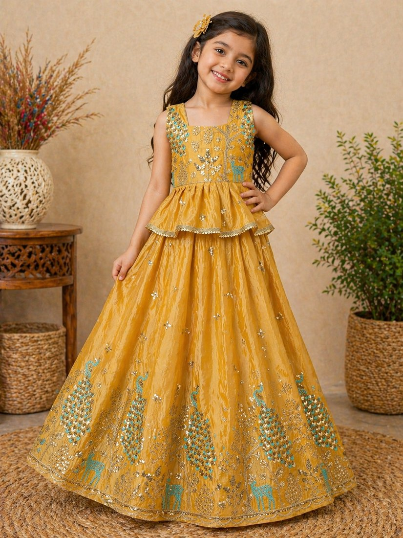 Evanik Yellow Pure Gold Crush With Peacock Design Work Kids Lehenga Choli | Grocsy