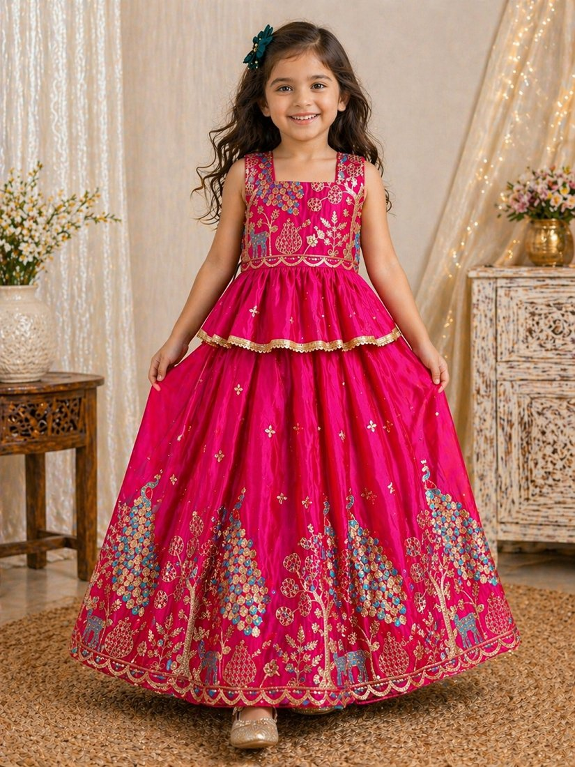 Evanik Pink Pure Gold Crush With Peacock Design Work Kids Lehenga Choli | Grocsy