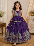 Evanik Purple Pure Gold Crush With Peacock Design Work Kids Lehenga Choli | Grocsy