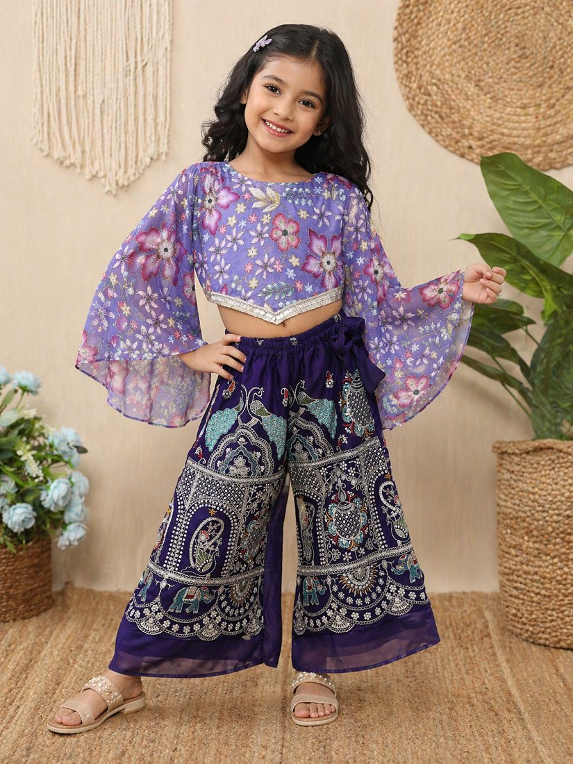 Evanik Lavender Chinon With Position Print And Embroidered Work Palazzo Set for Kids | Grocsy